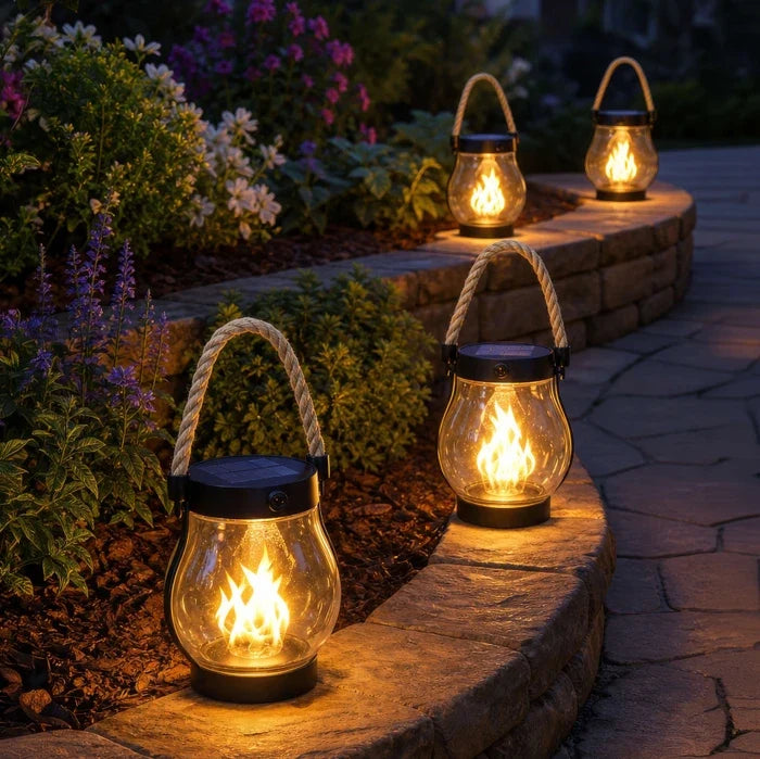 Solar Flame Lantern – Clear Lantern with Flickering Light and Hemp Rope Handle Tevako