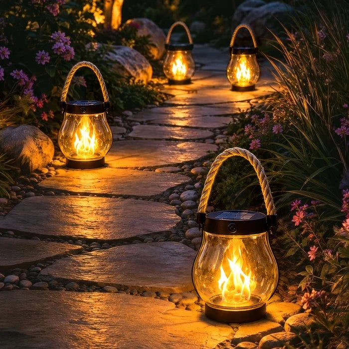 Solar Flame Lantern – Clear Lantern with Flickering Light and Hemp Rope Handle Tevako