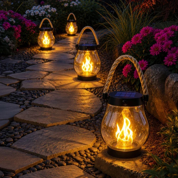 Solar Flame Lantern – Clear Lantern with Flickering Light and Hemp Rope Handle Tevako