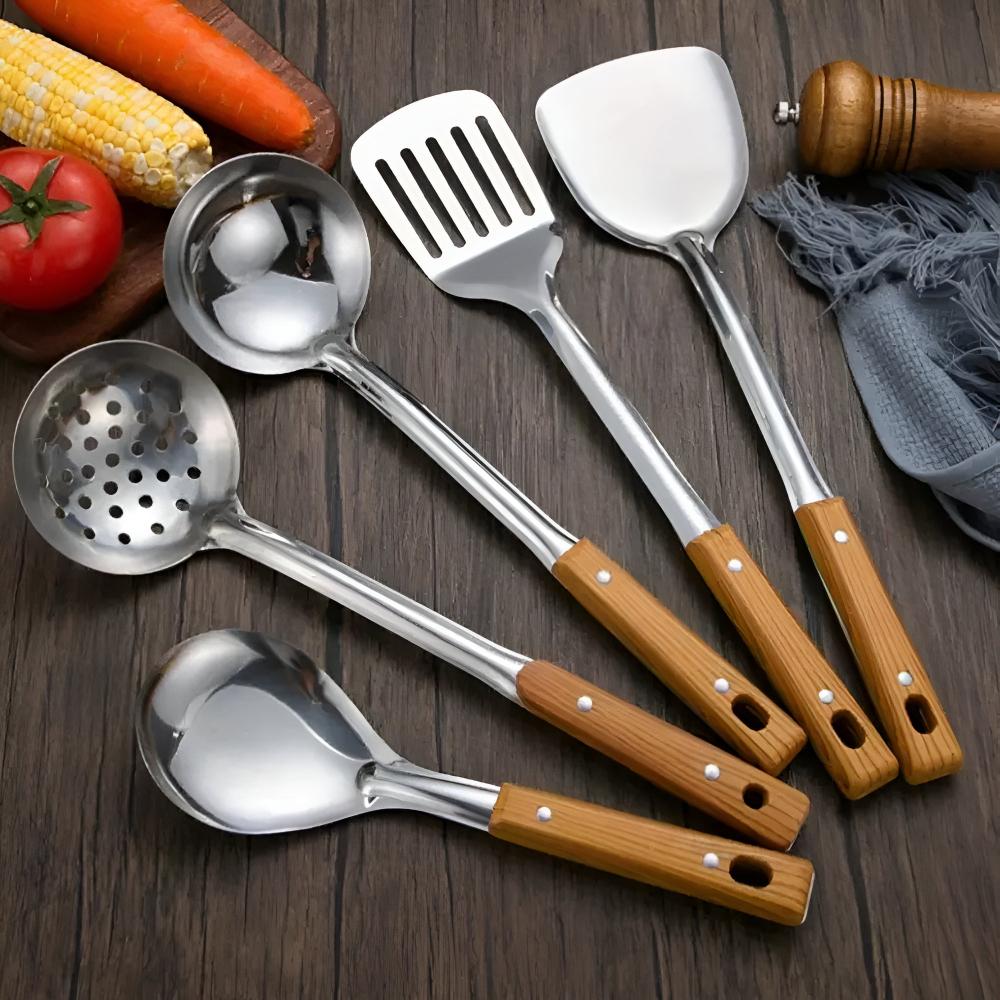 ForgeWare | Premium Roestvrijstalen Keukenhulpen Set - 5-delig Kookgereedschap met Houten Handvat 4