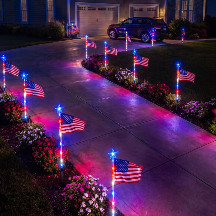 Flag Solar Path Lights – Stars and Stripes Glow in Red, White and Blue Tevako
