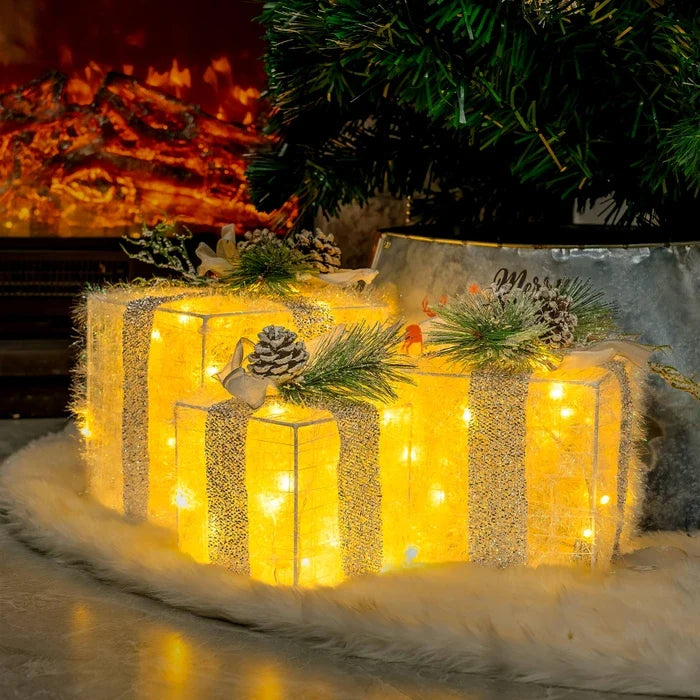 Lighted Christmas Gift Box Set – Glowing Boxes With Pinecones and Greenery Tevako