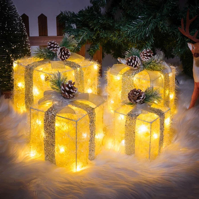 Lighted Christmas Gift Box Set – Glowing Boxes With Pinecones and Greenery Tevako