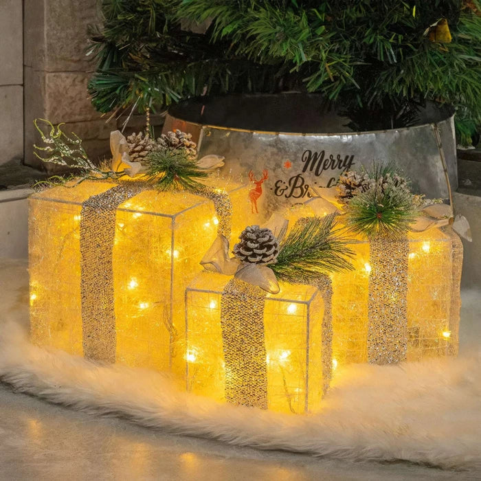 Lighted Christmas Gift Box Set – Glowing Boxes With Pinecones and Greenery Tevako