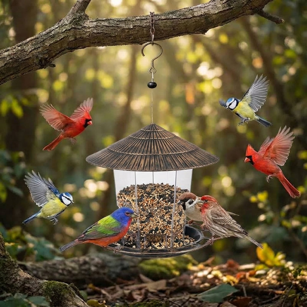 Vogelvoederhuis – Metalen hanging feeder met beschermkap en ruim voederreservoir Vestragear