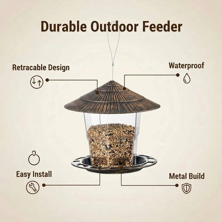 Vogelvoederhuis – Metalen hanging feeder met beschermkap en ruim voederreservoir Vestragear