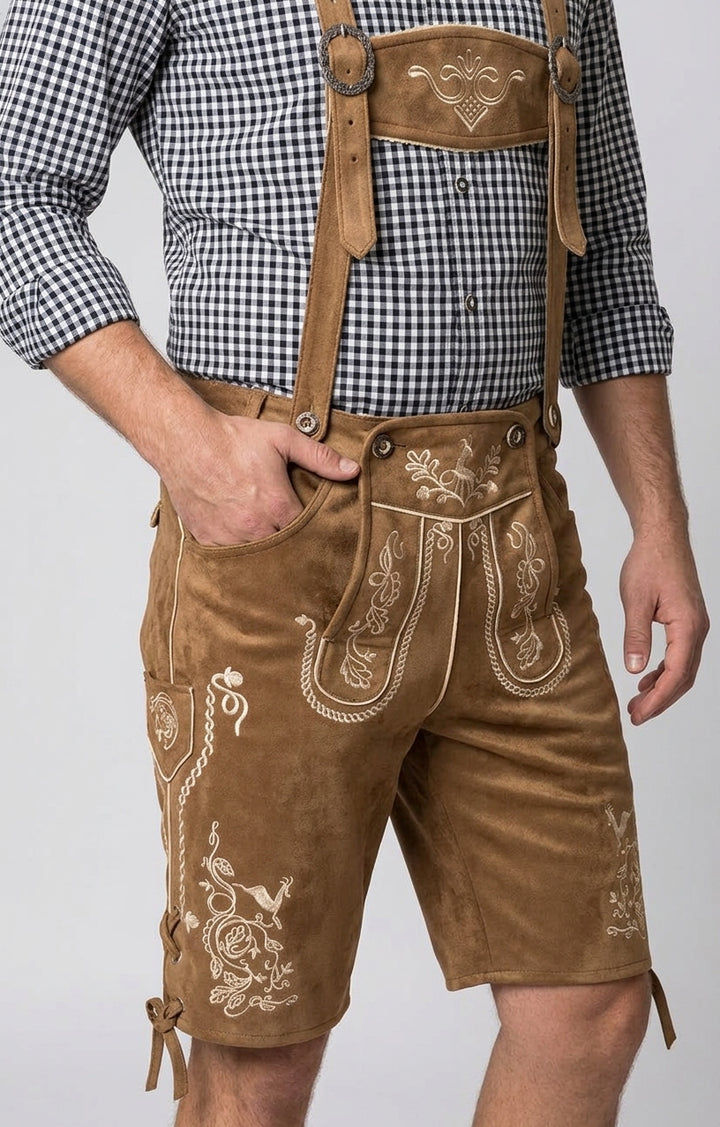 Lederhosen Heren – Korte Oktoberfest Broek met Bretels en Traditionele Borduursels VestraGear