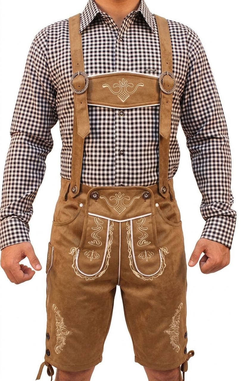 Lederhosen Heren – Korte Oktoberfest Broek met Bretels en Traditionele Borduursels VestraGear