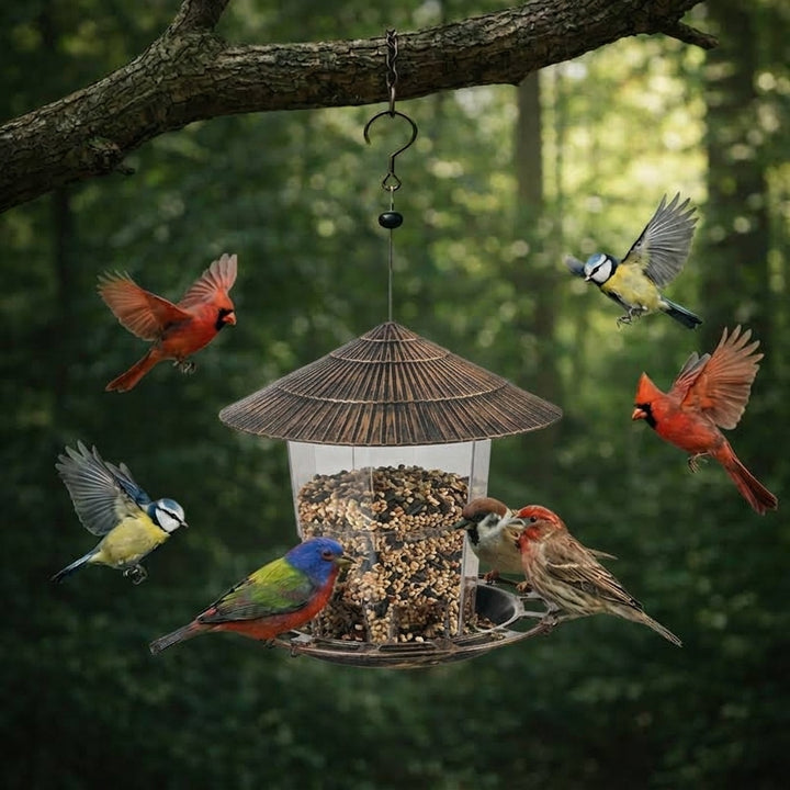 Vogelvoederhuis – Metalen hanging feeder met beschermkap en ruim voederreservoir Vestragear