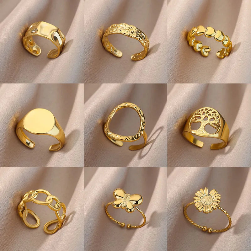 Varelia Anillo Geométrico – Anillo Abierto de Acero Inoxidable Dorado para Mujeres, Diseño Duradero y Elegante