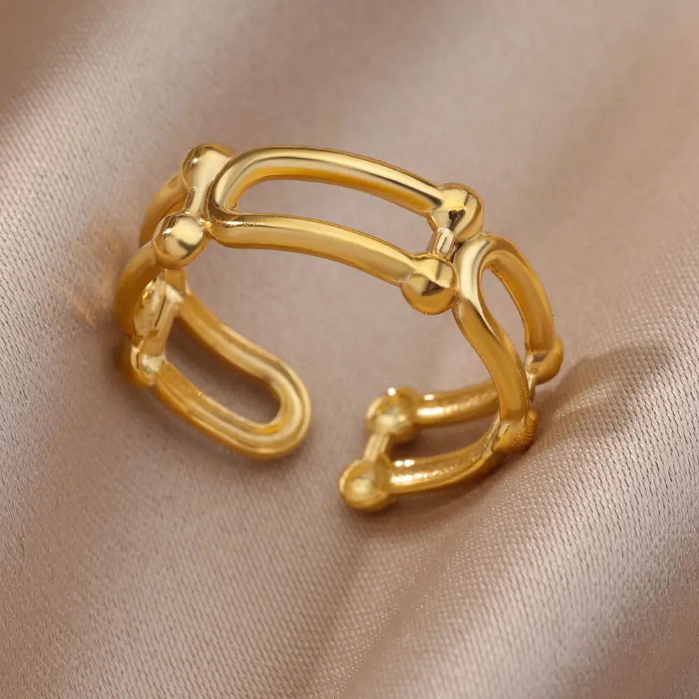 Varelia Anillo Geométrico – Anillo Abierto de Acero Inoxidable Dorado para Mujeres, Diseño Duradero y Elegante