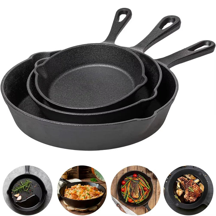 Gietijzeren Koekenpannenset 3-delig 16-20-26cm Inductie Gasfornuis Ongecoat Braadpan Omeletpan Roerbakpan Zwart | Sansoti 0