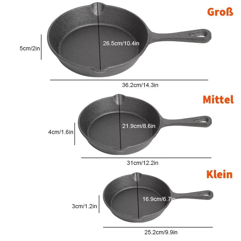 Gietijzeren Koekenpannenset 3-delig 16-20-26cm Inductie Gasfornuis Ongecoat Braadpan Omeletpan Roerbakpan Zwart | Sansoti 3