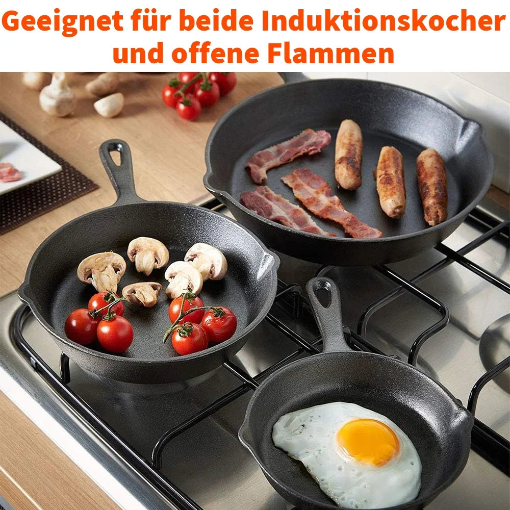 Gietijzeren Koekenpannenset 3-delig 16-20-26cm Inductie Gasfornuis Ongecoat Braadpan Omeletpan Roerbakpan Zwart | Sansoti 4