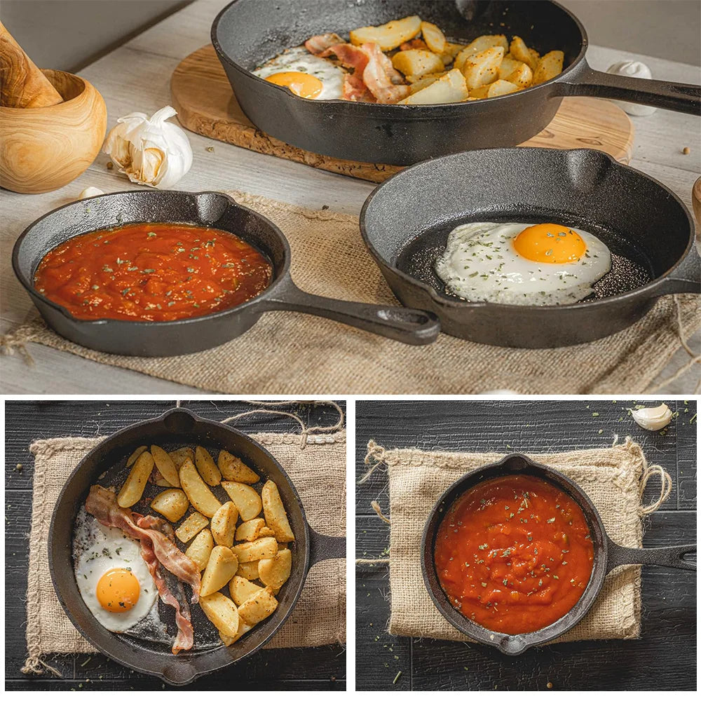 Gietijzeren Koekenpannenset 3-delig 16-20-26cm Inductie Gasfornuis Ongecoat Braadpan Omeletpan Roerbakpan Zwart | Sansoti 5