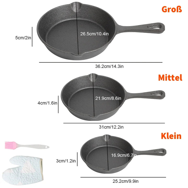 Gietijzeren Koekenpannenset 3-delig 16-20-26cm Inductie Gasfornuis Ongecoat Braadpan Omeletpan Roerbakpan Zwart | Sansoti 6