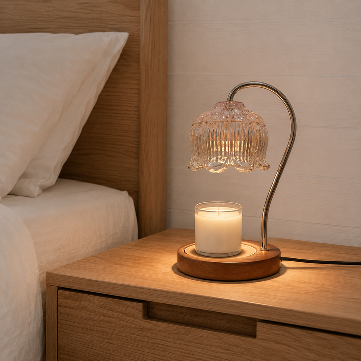 Glass Candle Warmer Lamp with Dimmable LED and Wood Base for Cozy Home Fragrance 0