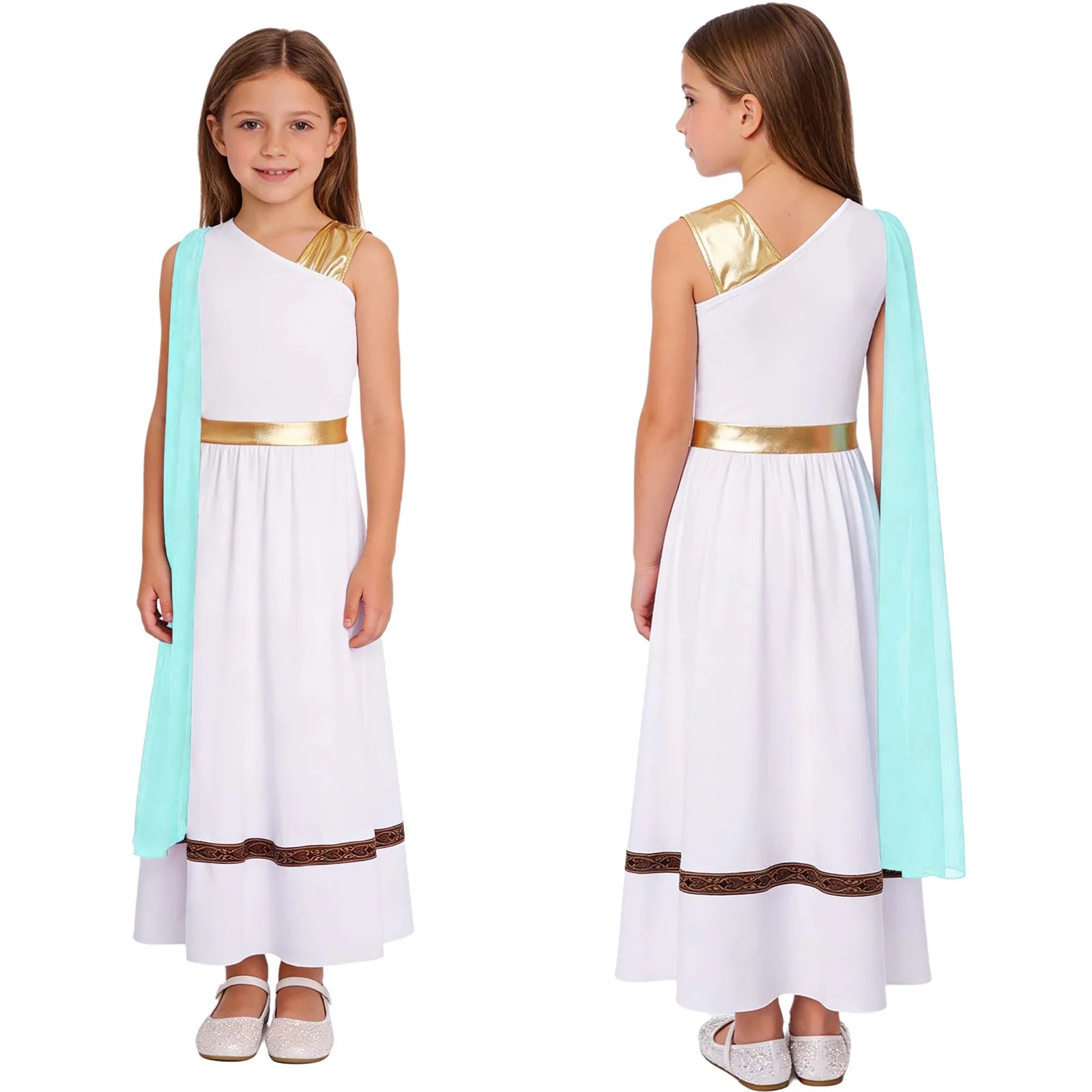 Grieks-Romeins Athena Godin Kostuum voor Meisjes met Gouden Accenten en Toga 24