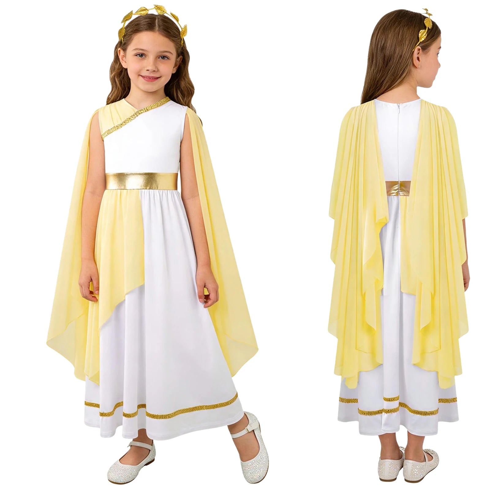 Grieks-Romeins Athena Godin Kostuum voor Meisjes met Gouden Accenten en Toga 7