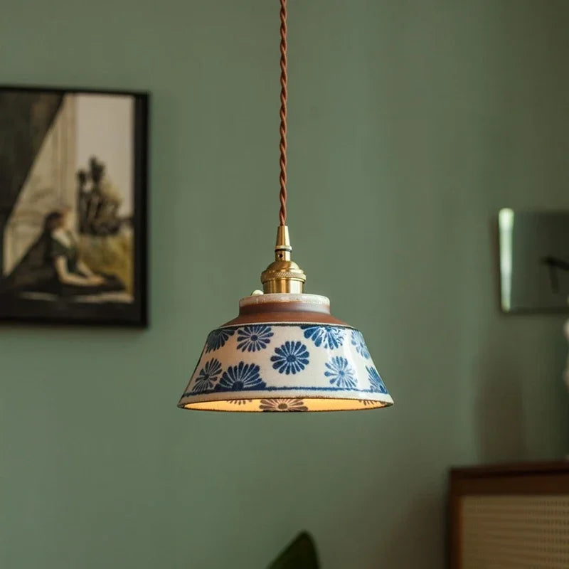Handgeschilderde Keramische Hanglamp Scandinavisch Design Met Koperen Fitting Bloemenpatroon Voor Eettafel Keuken En Slaapkamer | Sansoti 0