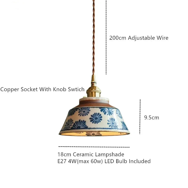 Handgeschilderde Keramische Hanglamp Scandinavisch Design Met Koperen Fitting Bloemenpatroon Voor Eettafel Keuken En Slaapkamer | Sansoti 1