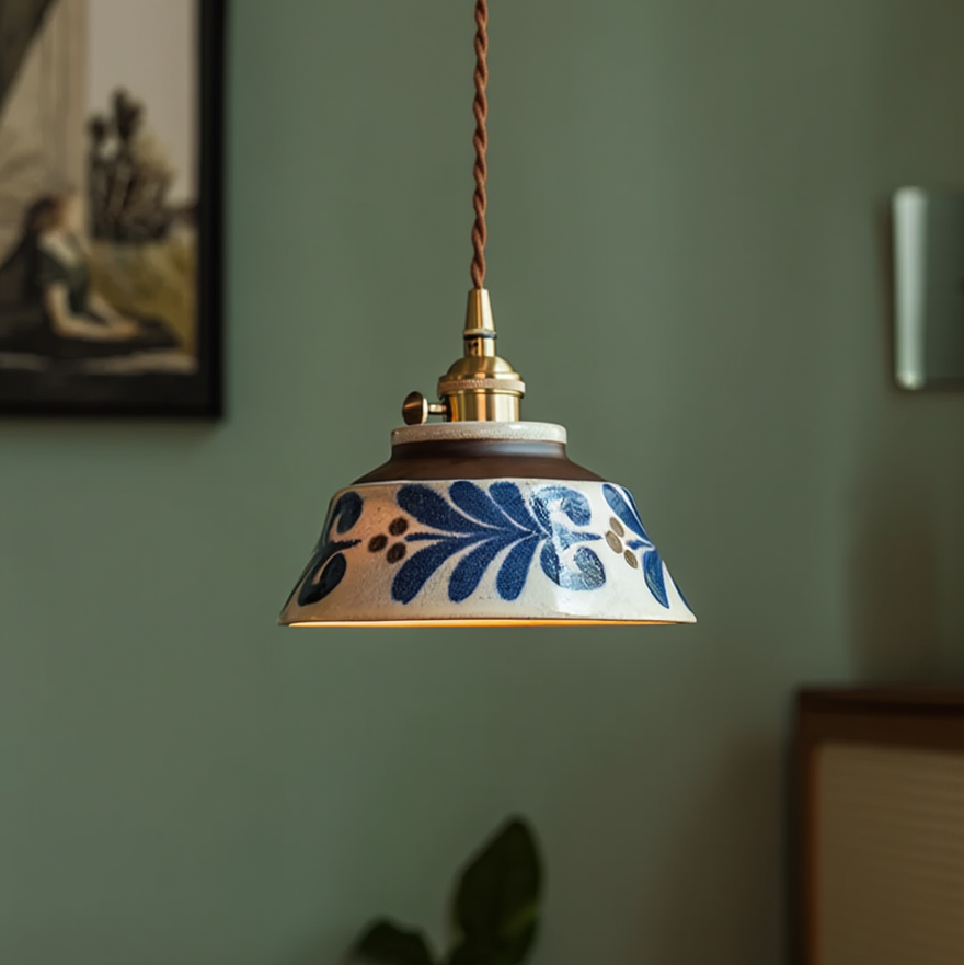 Handgeschilderde Keramische Hanglamp Scandinavisch Design Met Koperen Fitting Bloemenpatroon Voor Eettafel Keuken En Slaapkamer | Sansoti 9