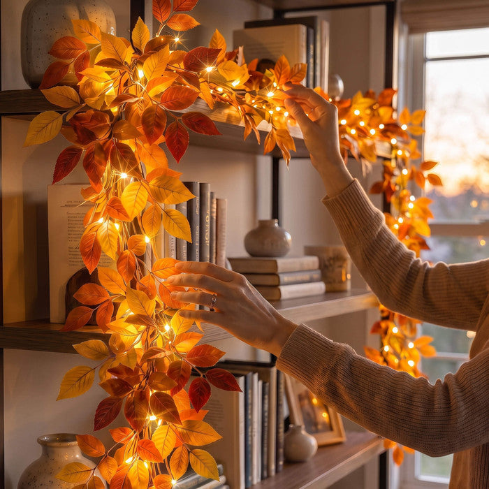 Lighted Foliage Garland – Flexible Leafy Strand with Warm Gold-Tone Lights Tevako