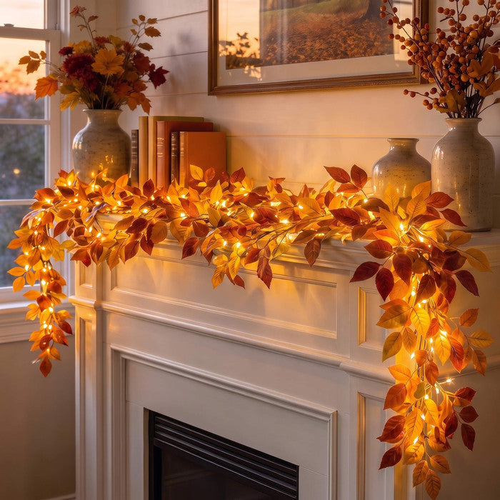 Lighted Foliage Garland – Flexible Leafy Strand with Warm Gold-Tone Lights Tevako