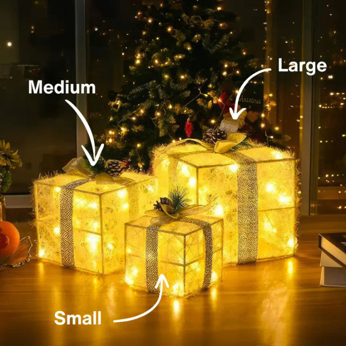 Lighted Christmas Gift Box Set – Glowing Boxes With Pinecones and Greenery Tevako