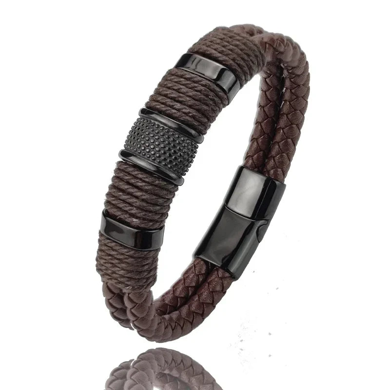 Marvion Heren Armband – Echt Bruin Leren Armband met Roestvrij Staal, Meerlagig Design & Perfect Cadeau voor Mannen