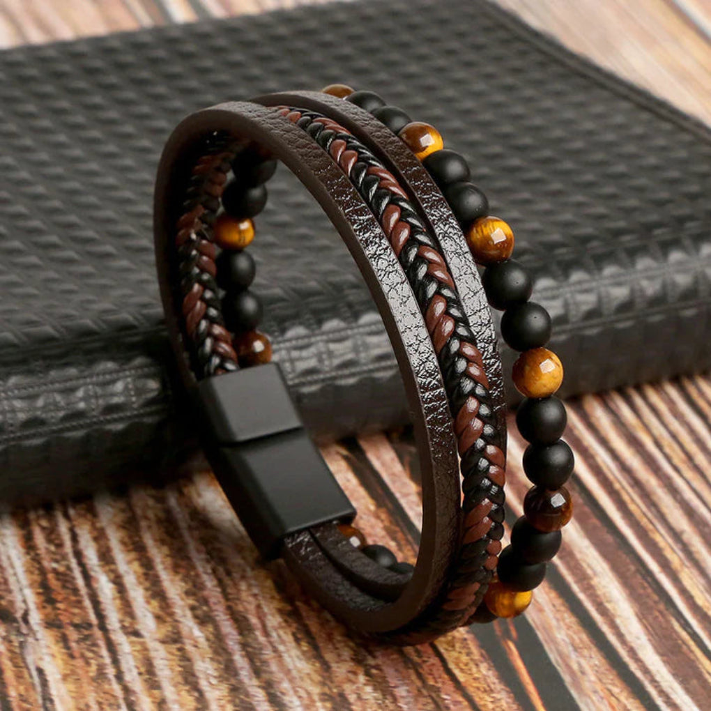 Herenarmband van gelaagd leer en stenen kralen 0
