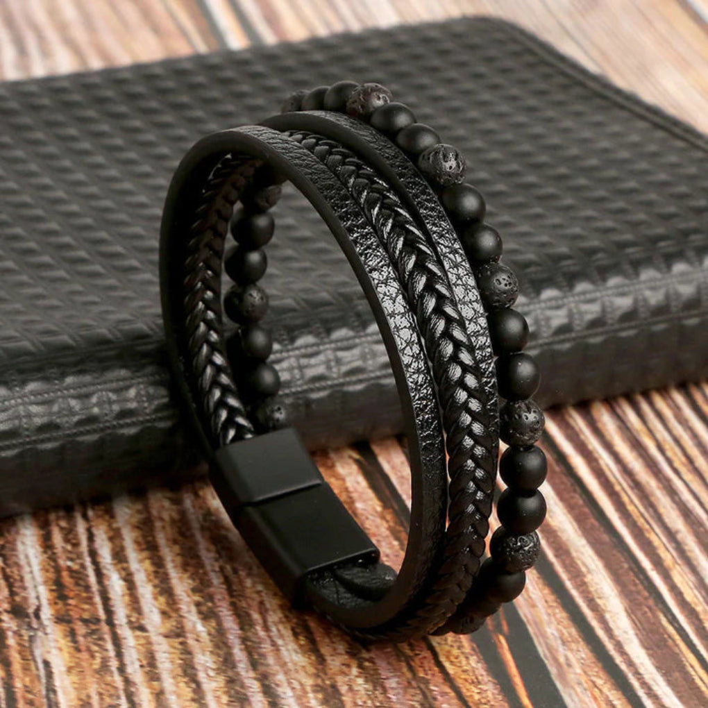Herenarmband van gelaagd leer en stenen kralen 1