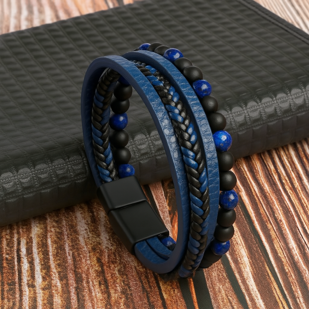 Herenarmband van gelaagd leer en stenen kralen 2