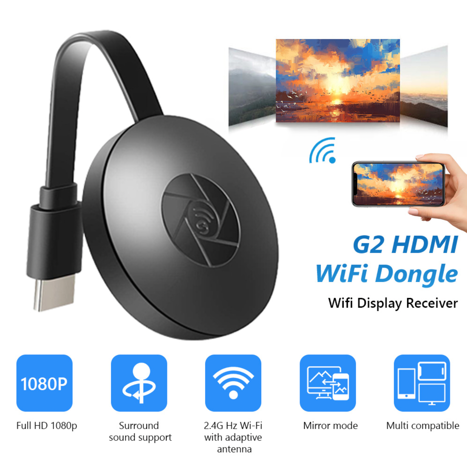 Adaptateur d'affichage sans fil – Dongle HDMI 1080p avec Wi-Fi casting & miroir d'écran