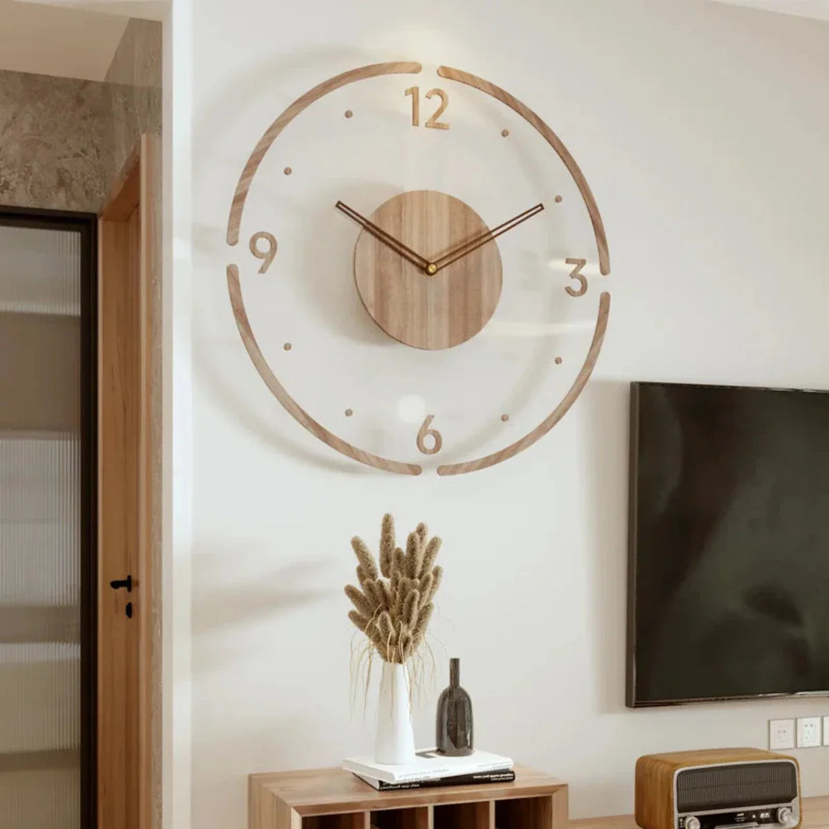 Houten wandklok 30 cm – Stille quartzklok in een minimalistisch glazen ontwerp 0