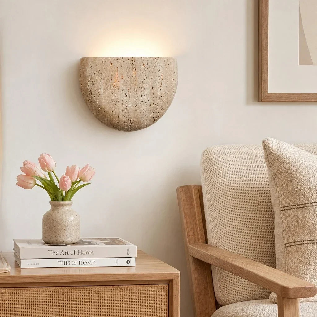 Iselin Wabi-Sabi Travertine Half-Moon Wall Sconce 1