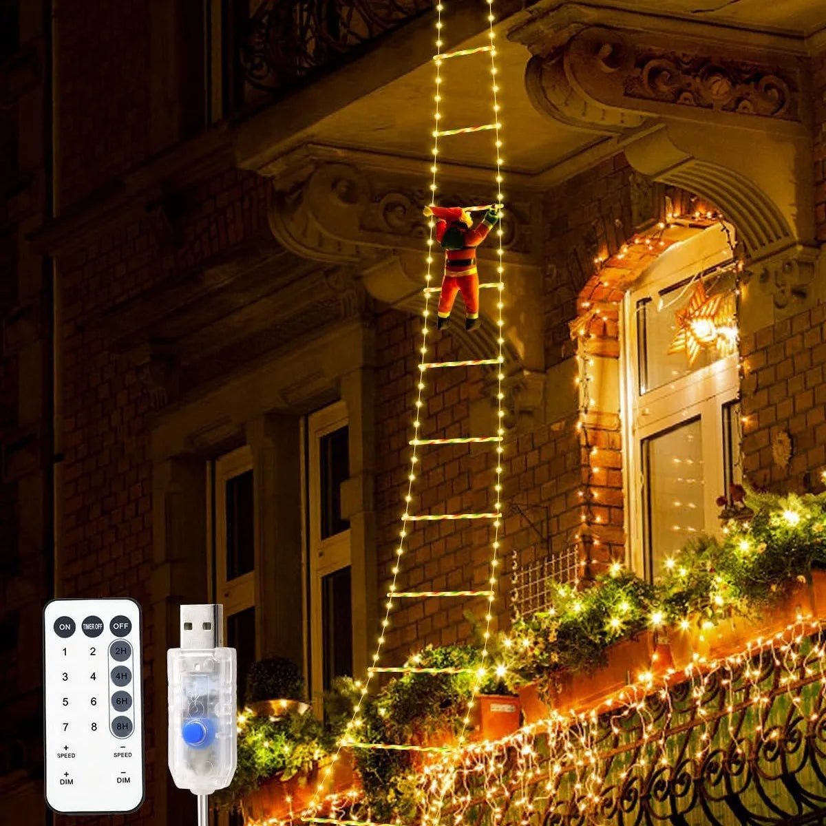 LumiClimb escaleira LED – 8 niveis de luz, conexión USB e iluminación festiva de Nadal para interior e exterior