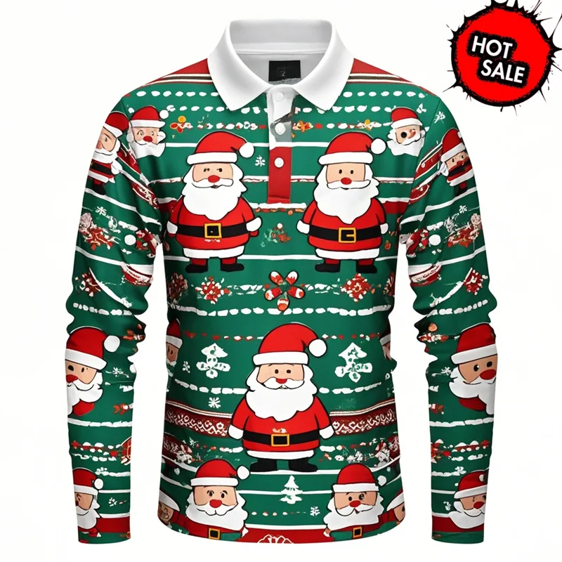 Kerstman 3D grafisch poloshirt voor heren met lange mouwen 0