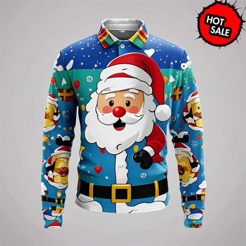 Kerstman 3D grafisch poloshirt voor heren met lange mouwen 1