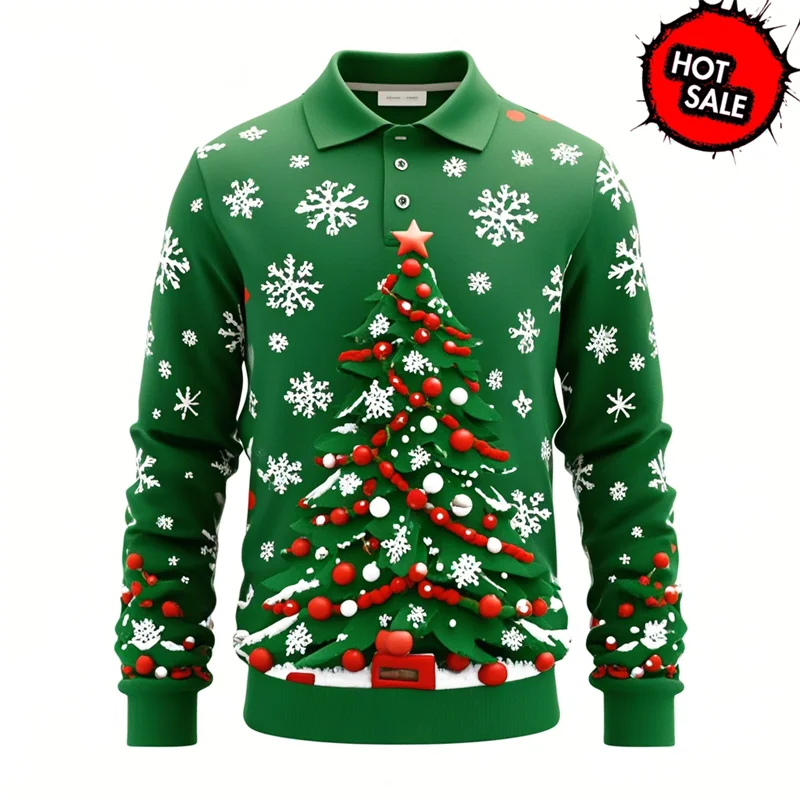 Kerstman 3D grafisch poloshirt voor heren met lange mouwen 9