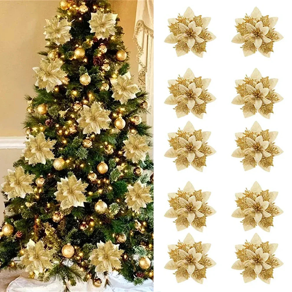 Floréva Fiori Natalizi Decorativi – Set da 5 o 10 Fiori Artificiali (14,5 cm) in Rosa, Rosso e Oro per Decorazioni Festive