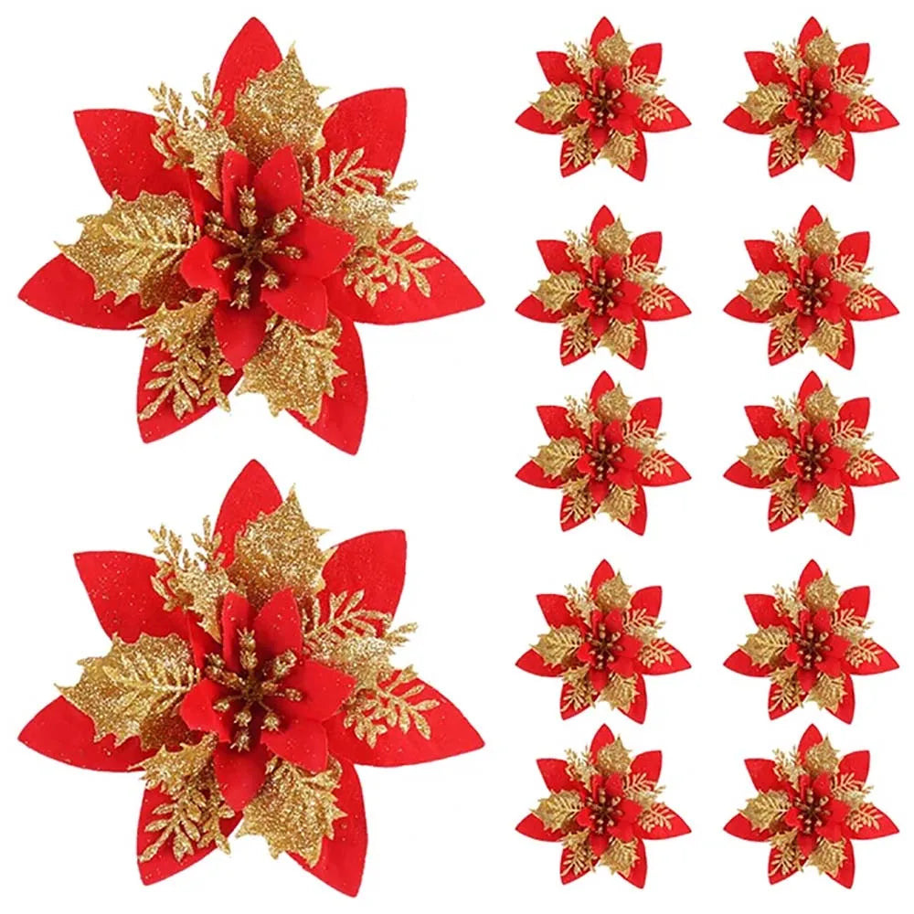 Floréva Fiori Natalizi Decorativi – Set da 5 o 10 Fiori Artificiali (14,5 cm) in Rosa, Rosso e Oro per Decorazioni Festive