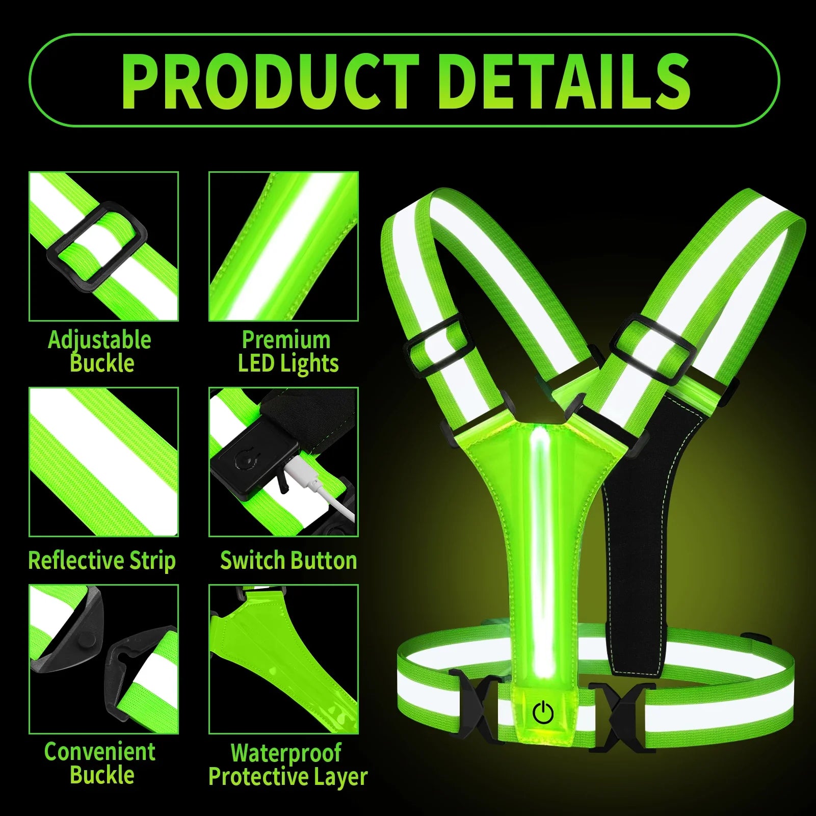 Gilet da corsa LED – Ricaricabile, Riflettente, Visibilità a 360°, Unisex