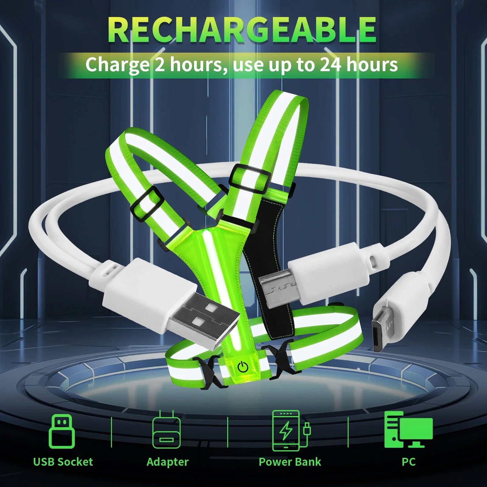 Gilet da corsa LED – Ricaricabile, Riflettente, Visibilità a 360°, Unisex