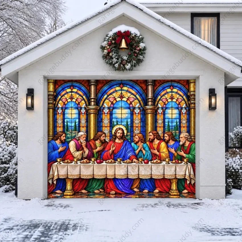 Last Supper Christmas Garage Door Cover – Stained Glass Design for Festive Decor 1