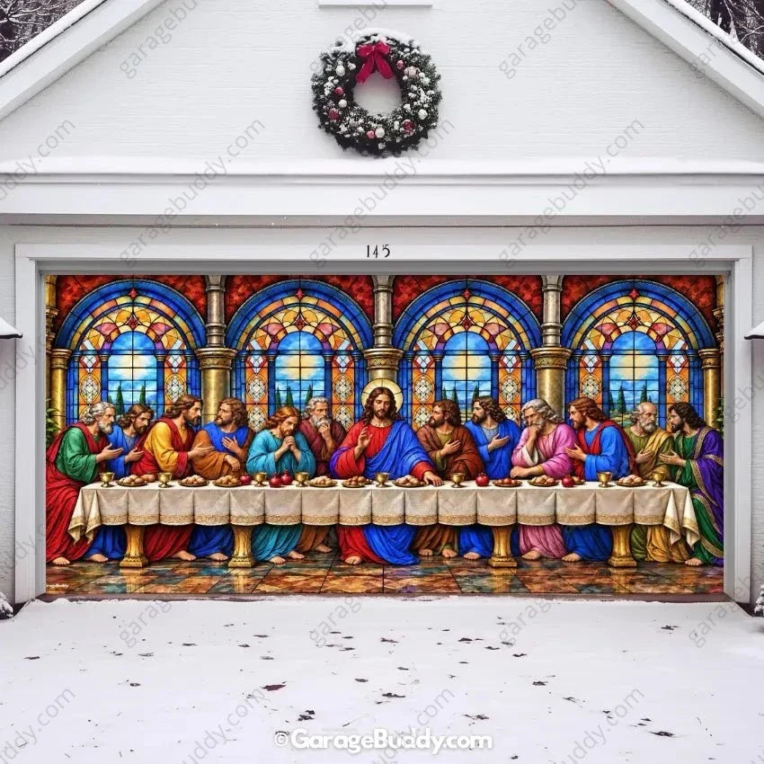 Last Supper Christmas Garage Door Cover – Stained Glass Design for Festive Decor 9