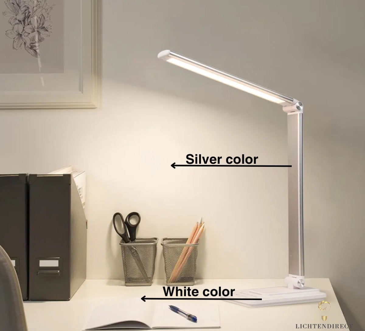 Led Bureaulamp - Dimbaar- Leeslamp -Draadloze oplader-Tafellamp - wit/zilver 4