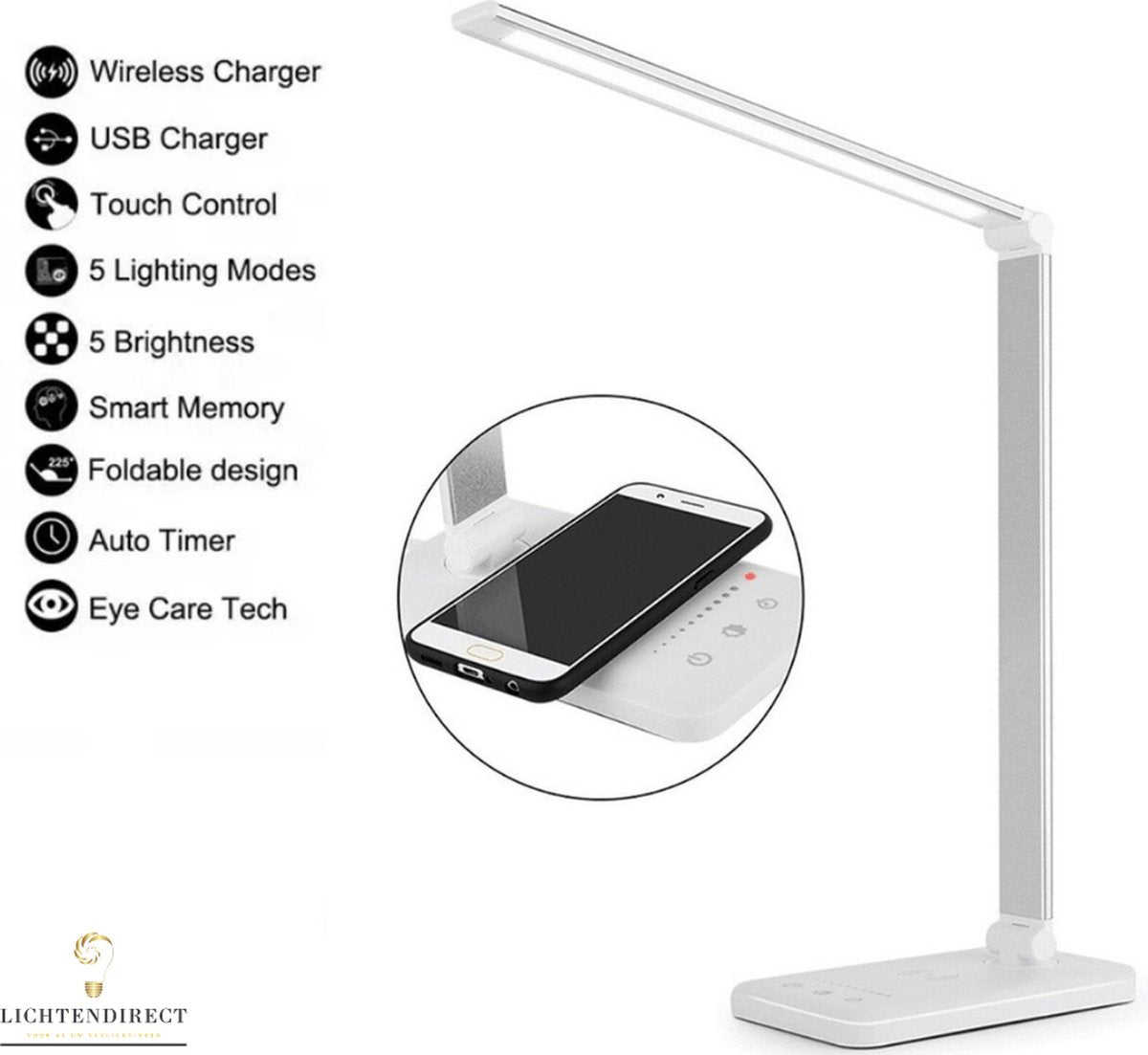 Led Bureaulamp - Dimbaar- Leeslamp -Draadloze oplader-Tafellamp - wit/zilver 5