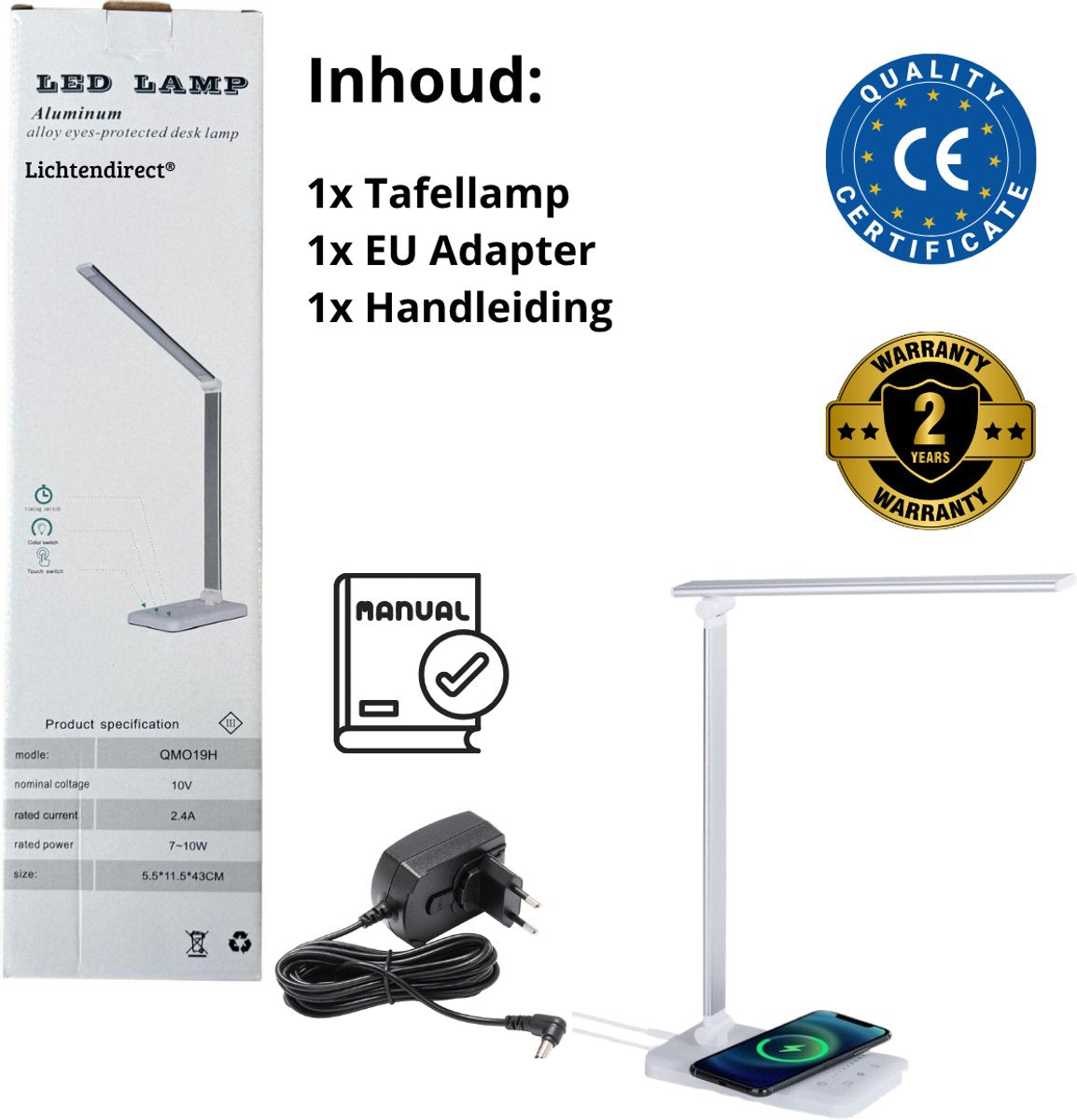 Led Bureaulamp - Dimbaar- Leeslamp -Draadloze oplader-Tafellamp - wit/zilver 6
