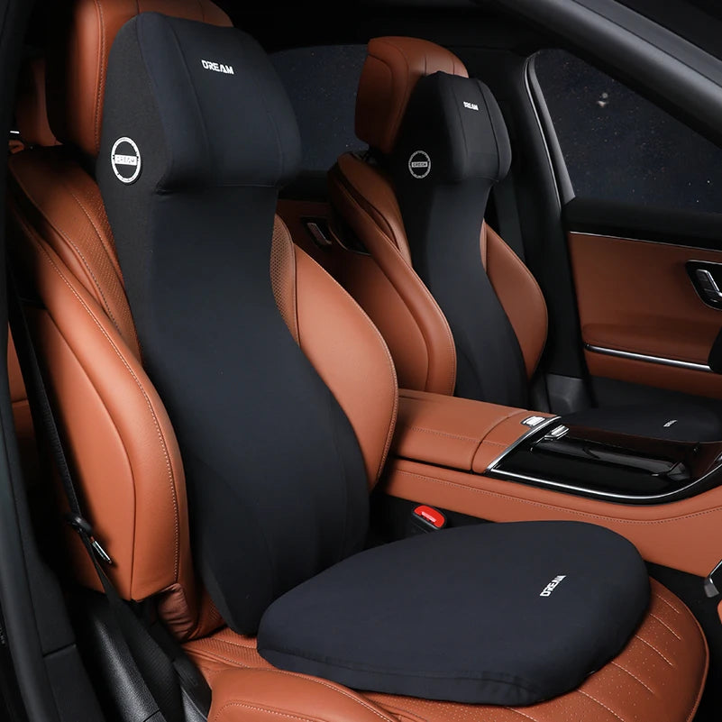 Lederen Hoofdsteun en Lendensteun met Traagschuim voor Auto, Zwart 0
